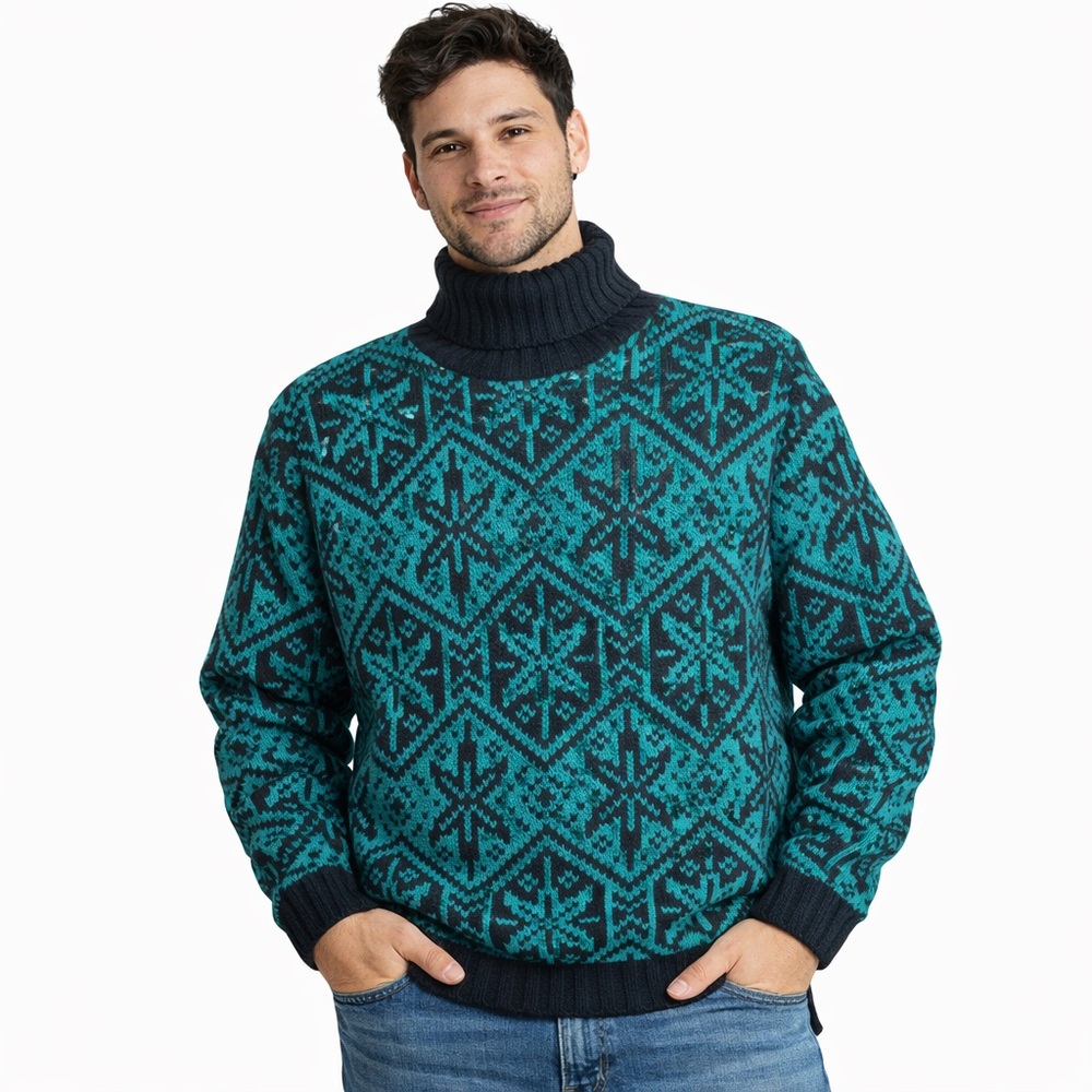 VTG Liberty Knits Nordic Turtleneck Sweater Black Teal Snowflake Pattern M USA‎